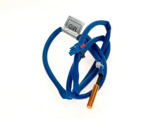 Blauer Temperaturfühler mit einem NTC-Sensor und zwei Anschlusskabeln, verwendet für Temperaturmessungen, möglicherweise von der Marke Bosch.